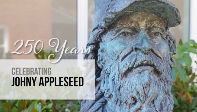 Johnny Appleseed statue outside Leominster Public Library.